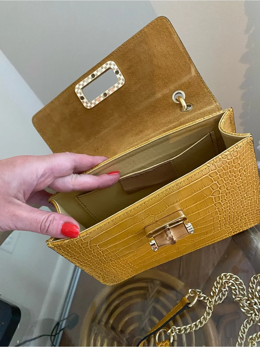 Italian Leather Mustard Croc-Embossed Bamboo Handle Bag